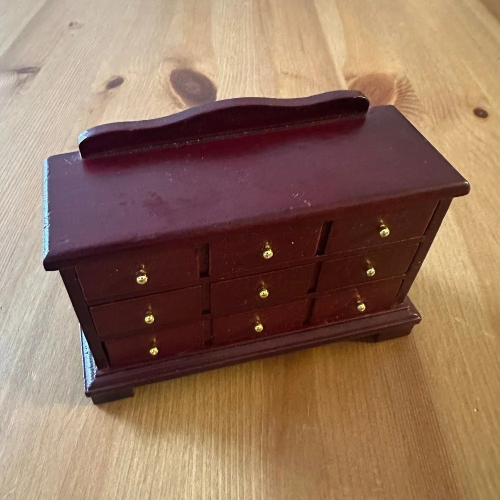 Vintage Miniature Wooden Dresser Jewelry Box Burgundy 3 Drawer Gold Knobs